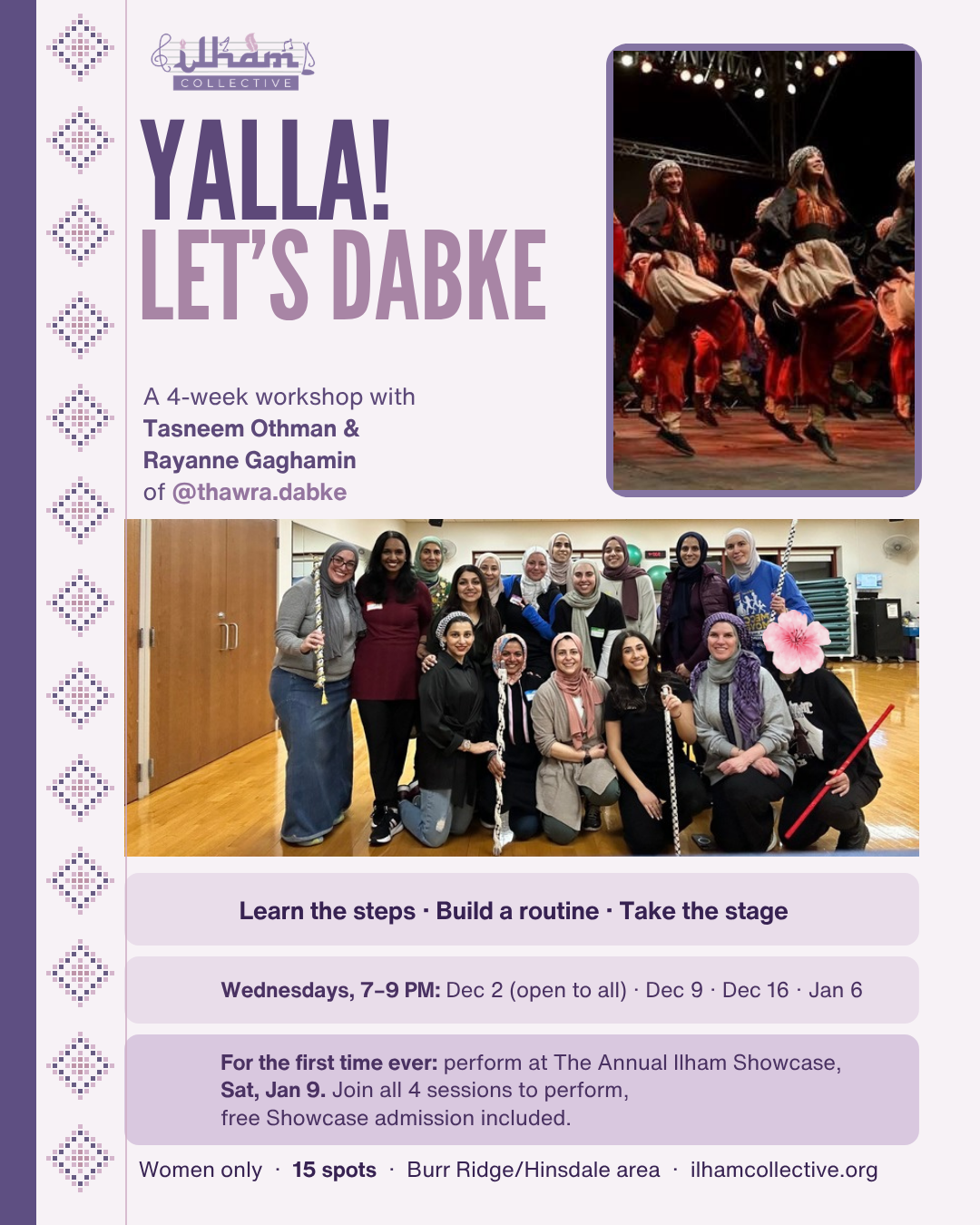 Yalla! Let's Dabke flyer: 4-week women-only dabke workshop with Tasneem Othman and Rayanne Gaghamin, Wednesdays Dec 2 to Jan 6